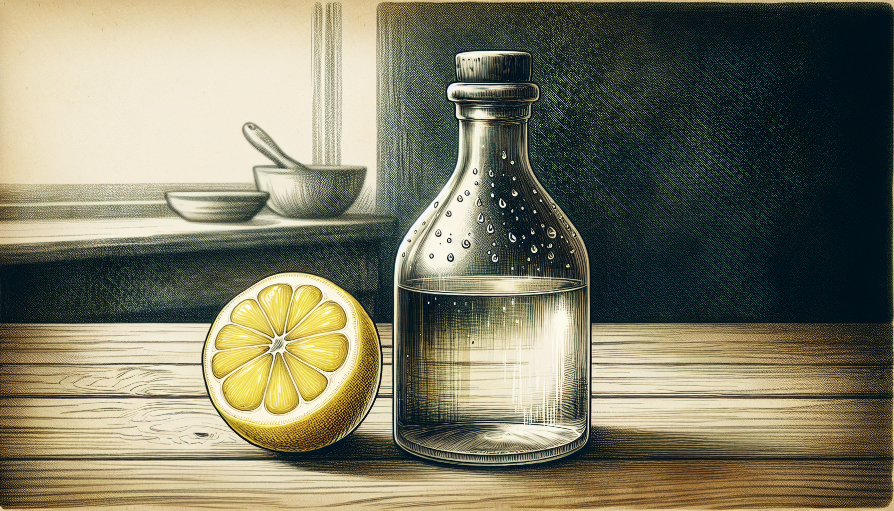 Illustration of vinegar bottle and lemon representing natural limescale removers